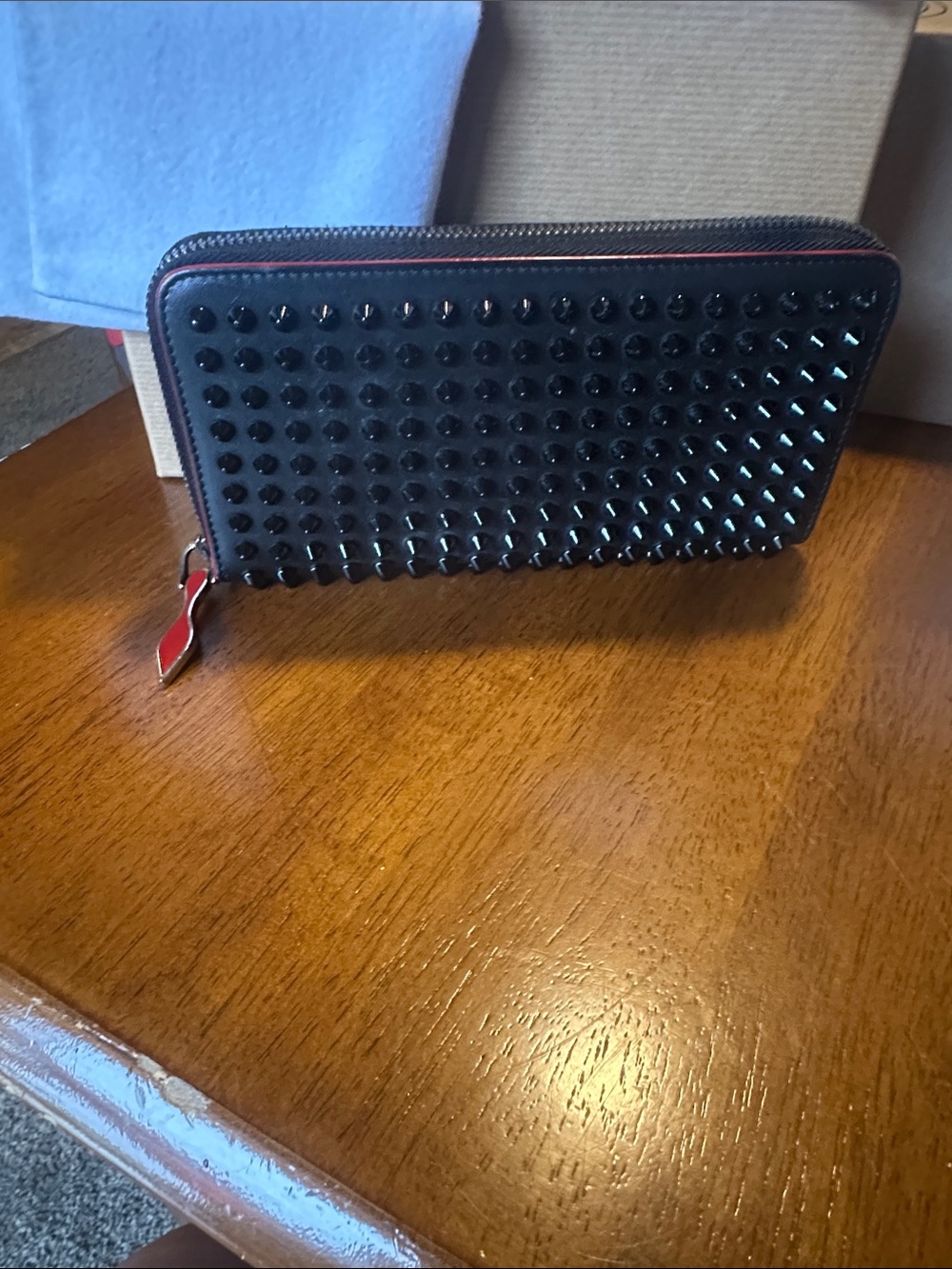 Christian Louboutin Black Studded Zip Wallet with Red Trim